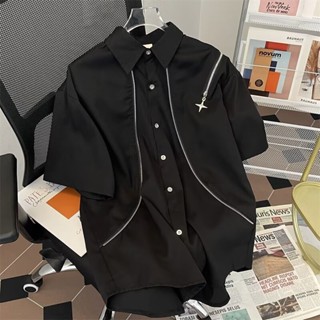 Mùa hè 2024 mới nam Mỹ ve áo cao cấp hip hop thời trang dáng rộng phiên bản Hàn Quốc thiết kế dây kéo kim loại mỏng Thái Lan thương hiệu thời trang giản dị khí chất áo sơ mi ngắn tay