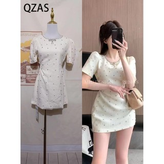 Qzas Nơ Cổ Họa Tiết Vải Rỗng Eo Bong Bóng Tay Đầm 9460