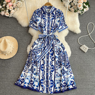 Cung Điện Retro Đầm Mùa Hè 2024 Phong Cách Mới Cổ Đứng In Hình Đèn Lồng Tay Áo Ôm-Fit Đơn Lông Giữa-