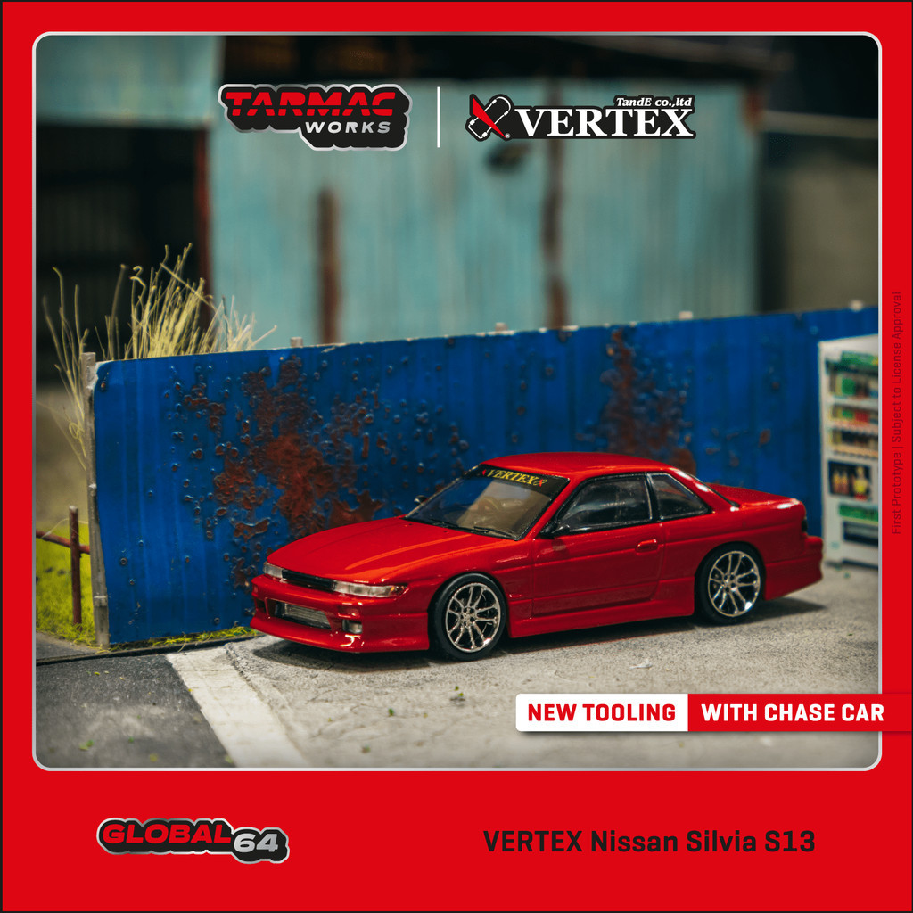 Tarmac Works 1 / 64 GLOBAL64 VERTEX Nissan Silvia S13 Kim Loại Đỏ T64G-025-RE