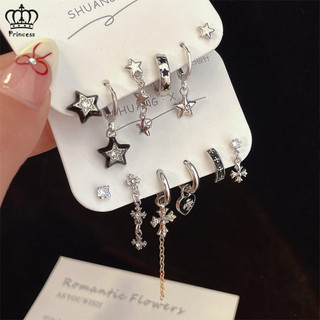 6 Cái / bộ Bông Tai Zircon Cho Nữ Ngôi Sao Bạc Chữ Thập Tua Rua Bông Tai Bộ Phụ Kiện Thời Trang Món Quà Trang Sức