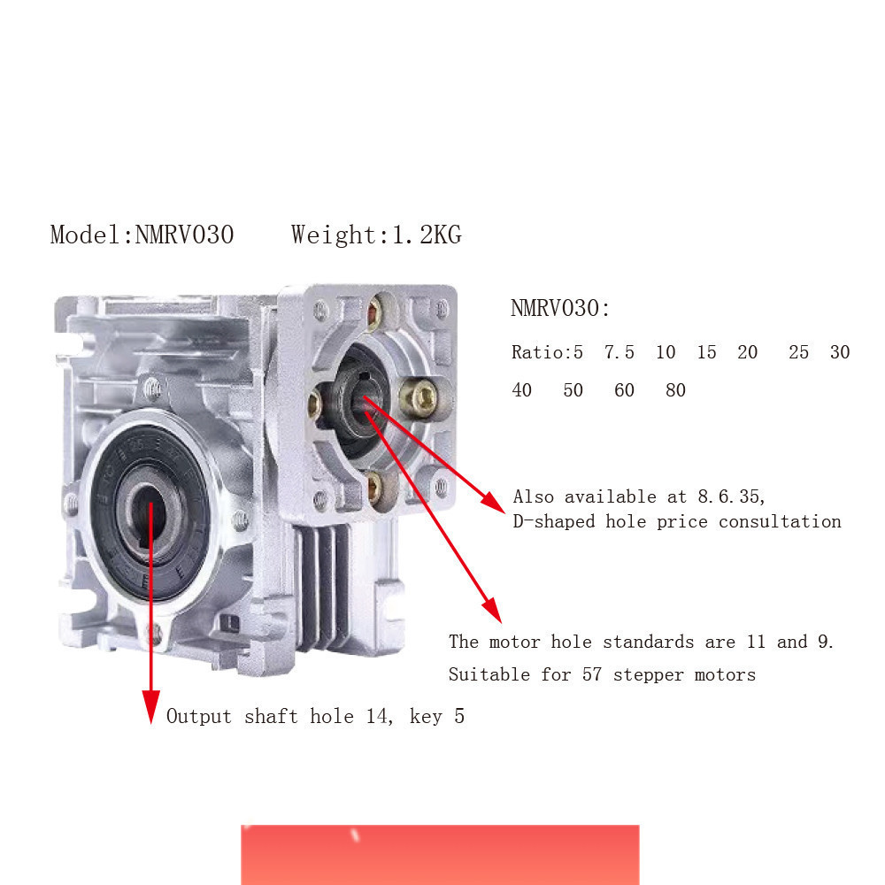 Bộ giảm tốc bánh răng trục vít NMRV030 bích 57/90 motor cốt vào 11mm Đầu ra 14mm số truyền 5:1 đến 8