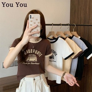 Áo Thun Lửng Cổ Tròn Màu Sắc Tương Phản Ngọt Ngào In Chữ You You You Cho Nữ