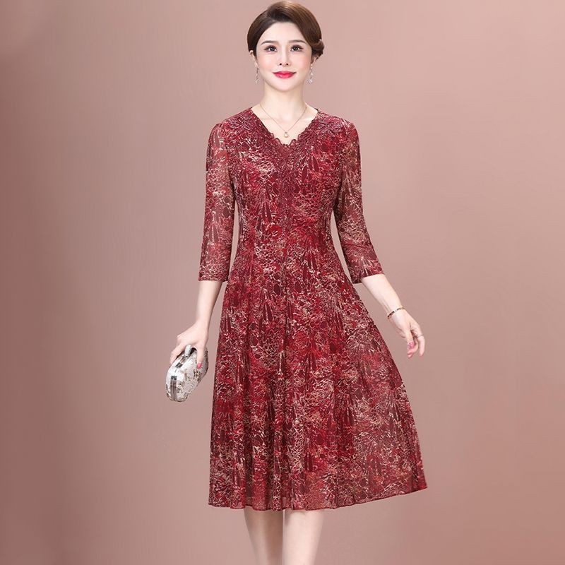 Chiều Dài Trung Niên In Hình Mẹ Phong Cách Phương Tây Giảm Tuổi Phong Cách Mới Bao Bụng Váy Hẹp Eo Mùa Hè 2023 St