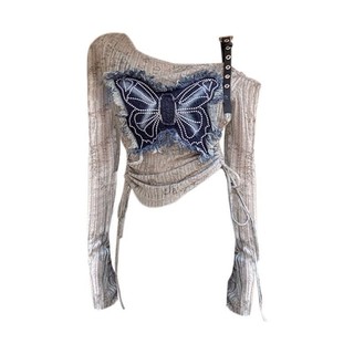 Denim Patch Top Mỹ Slim-fit Áo thun nữ mùa thu có dây buộc thiết kế dài tay cảm thấy cô gái nóng bỏng Dây rút bướm ngắn U59