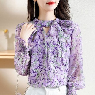 Áo Sơ Mi Hoa Nữ Tay Dài Thanh Lịch Áo Sơ Mi Hàn Quốc Plus Size Rời Tím Voan Cao Cấp 2024