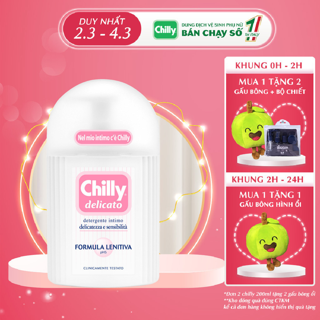 Dung dịch vệ sinh phụ nữ Chilly Delicato chiết xuất lô hội dưỡng mềm mại, sạch dịu êm chai 200ml