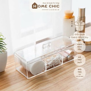 Hộp nhựa trong suốt để bàn nhiều ngăn để mỹ phẩm đựng tăm bông hộp bông tẩy trang | HOME CHIC CORNER