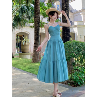 Mùa Hè 2024 Phong Cách Mới Dopamine Đi Biển Phong Cách Kỳ Nghỉ Dây Đầm Aqua Xanh Voan Sling Đầm Thắt Nút Sling Đầm