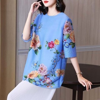 Miyake Xếp Ly Xanh Cổ Tròn Phong Cách Trung Hoa Nửa Tay Sang Trọng Mùa Hè 2024 Phong Cách Mới In Hình Thời Trang Ôm Hơn Nhìn Rời Top Nữ
