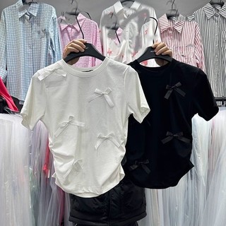 Milyfashion Ba Chiều Nơ Áo Thun Nữ Tay Ngắn Phiên Bản Hàn Quốc Mùa Hè Áo Chui Đầu Cổ Tròn Phong Cách Phương Tây S