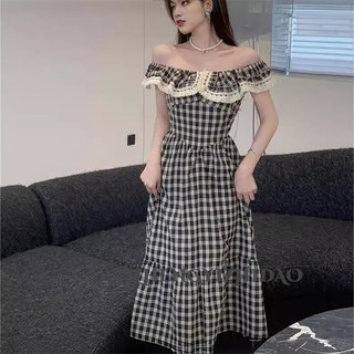 Zhengyizhidao Mùa hè Pháp cổ búp bê kẻ sọc váy một vai dành cho nữ giảm béo khí chất retro váy kẻ sọc dài vừa phải dành cho nữ