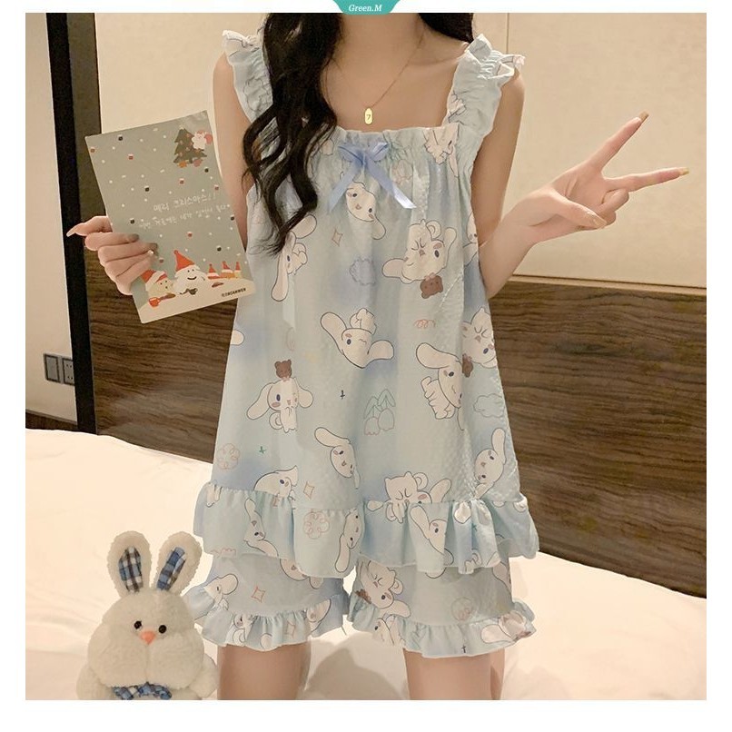 2024 Nightgown Sanrio Cinnamoroll Mùa Hè Cotton Mới Có Miếng Lót Ngực Ren Garter Quần Short Homewear Bộ Đồ Ngủ Mùa Hè Bộ Đồ Hai Mảnh [GM]