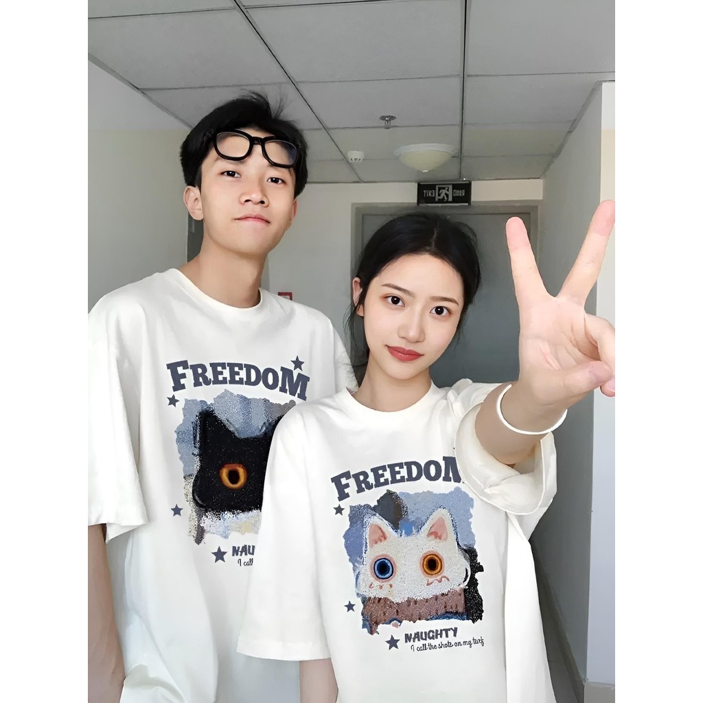 Áo thun Cổ Tròn dành cho cặp đôi in hình cú mèo FREEDOM dáng rộng cho cả Nam và nữ, 2 màu đen và trắng