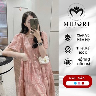Váy bầu Babydoll kẻ caro thiết kế nút cài tiện lợi cho mặc đi tiệc công sở dáng dài suông thời trang