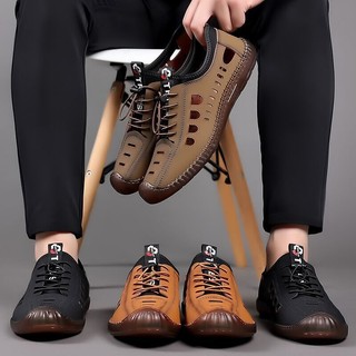 Giày Đi Biển Ngoài Trời Rỗng Da Dép Lỗ Giày Bò Thông Thường Tendon Đế Slip-On Bố Giày Đậu Hà Lan Giày Da