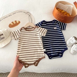 2024 Phong Cách Mới Cho Bé Onesie ins Bé Mùa Hè Phong Cách Mới Trẻ Em Tay Ngắn Sọc Hoạt Hình Gấu Onesie Áo Liền Quần Jumpsuit