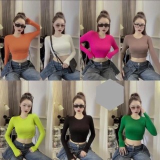 A201 Áo croptop tay dài ôm nữ đen trắng thun gân , áo thun crt body 100% cotton free size 40 đến 52 kg