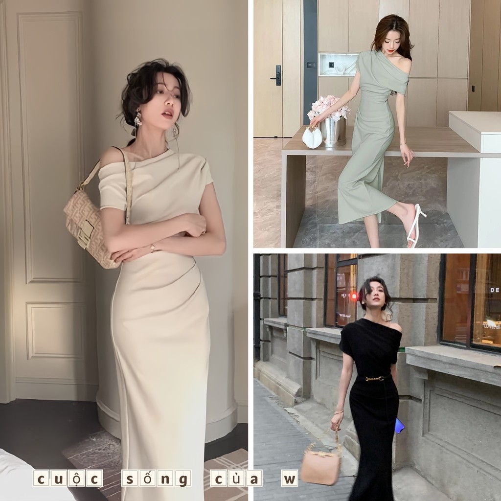 Đầm trễ vai, đầm dự tiệc, đầm maxi trễ vai xẻ tà, đầm ôm sát kiểu Pháp một vai thanh lịch và tinh tế