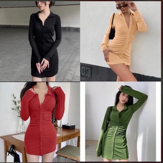 Váy đầm sơ mi body nhún dài tay ôm nữ sang chảnh