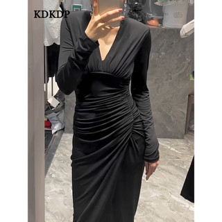 Kdkdp Cảm giác cao cấp về khí chất nữ thần quạt cổ chữ v phong cách mới Pháp Hepburn xù eo eo eo váy dài vừa phải