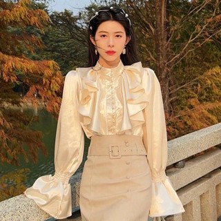 Áo Sơ Mi Cổ Dài Tay Đơn Cổ Cao Cấp Satin Đứng Cổ Áo Sơ Mi Sang Trọng Trumpet Cung Điện Phong Cách Retro Áo Sơ Mi RXPM