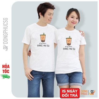 Áo thun cặp đôi mẫu Trà Sữa thun cotton mềm mịn cổ tròn tay ngắn form unisex màu trắng AC108T