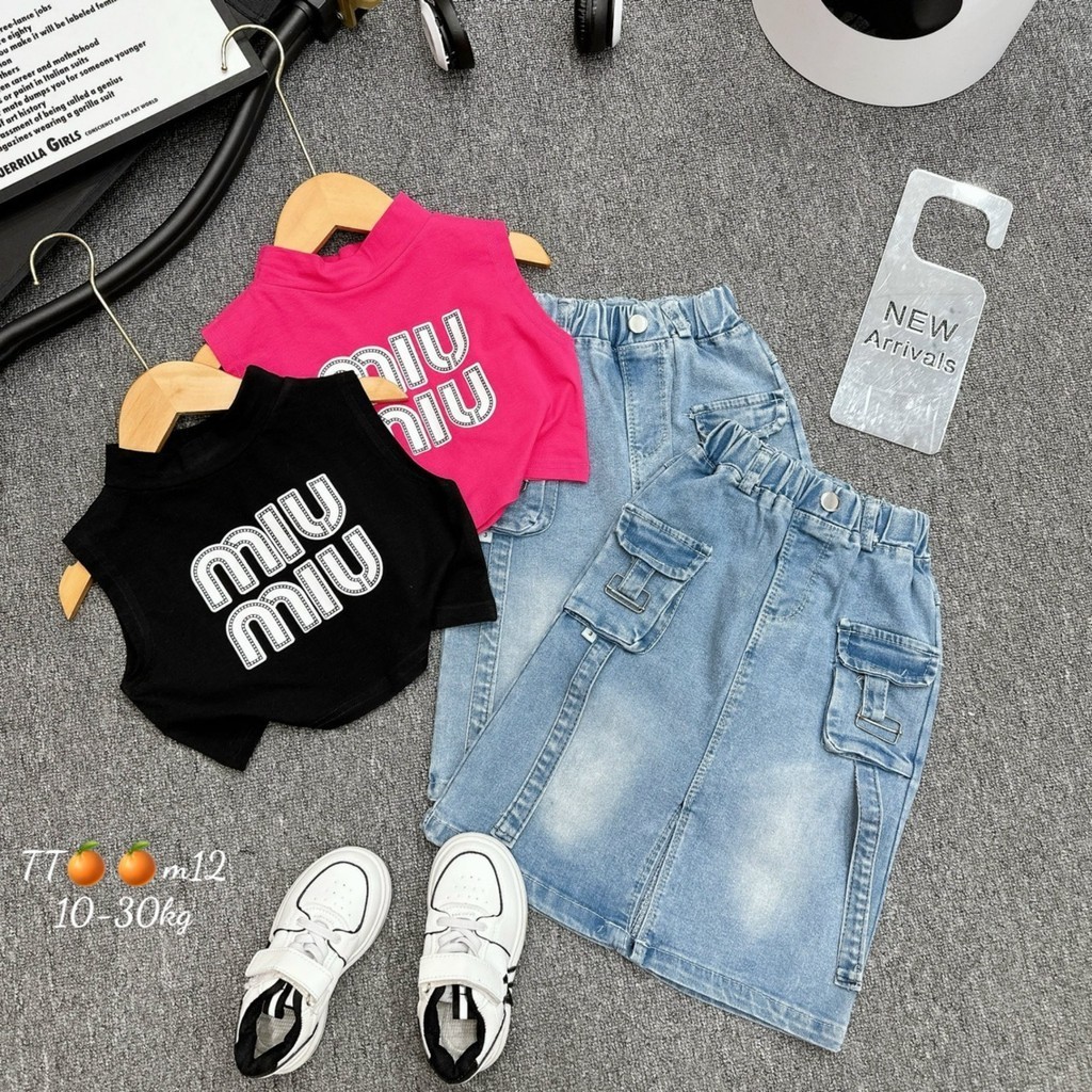 SIZE ĐẠI 8-28KG: Bộ sát nách Miumiu chân váy jean sành điệu cho bé gái - BMMSN