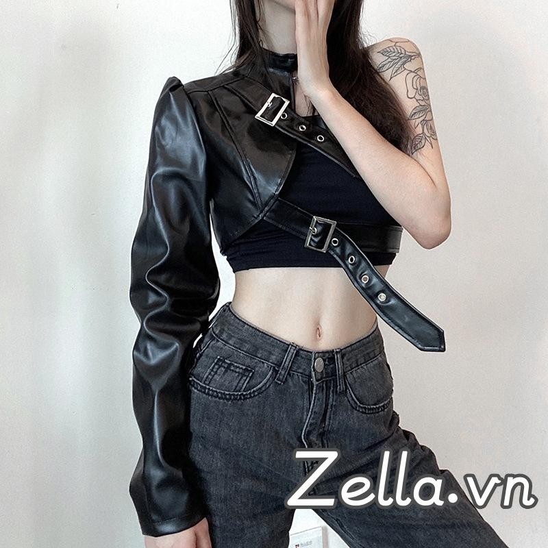 Nữ Tay Dài Cổ Móc Treo Dây Da Kết Nối Áo Phong Cách Punk Áo Crop
