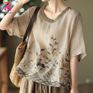 Ruidiandian Cổ điển phong cách Trung Quốc xếp ly có nút lên vải lanh và tay áo cotton, áo sơ mi thêu rộng 5 điểm M-4XL mùa hè