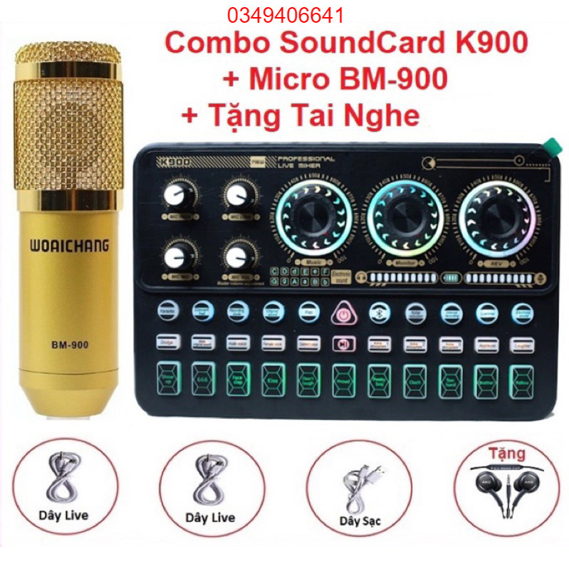 Combo Bộ SoundCard K900 Bluetooth, Micro WoaiChang BM900, Tặng Kèm Tai Nghe Nhét Tai
