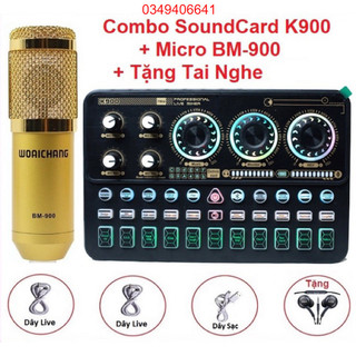 Combo bộ soundcard k900 bluetooth, micro woaichang bm900, tặng kèm tai nghe nhét tai - thu âm - livestream - autotune