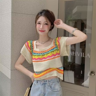Áo sơ mi dệt kim ngắn tay sọc thời trang mùa hè dành cho nữ