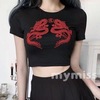 Mymiss1-áo thun ngắn tay mùa hè dành cho nữ Áo Crop top cổ tròn in hình rồng
