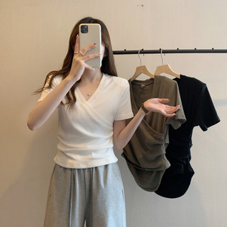 Áo phông nữ phối vạt chéo cổ chữ V slimfit - Áo thun nữ trơn màu ôm dáng