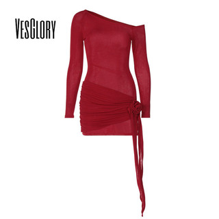 VesGlory Váy Nữ Cổ Bất Đối Xứng Thời TrangSlim-fit Cao Vai Dài TayStreamer