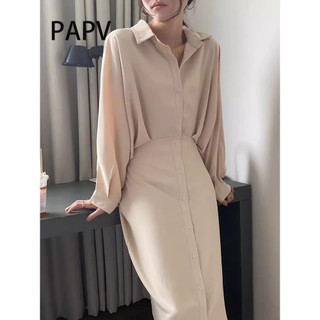 Papv Sang Trọng Cổ Lật Đơn Breasted Up Eo Giảm Béo Áo Sơ Mi Phong Cách Đầm 1686