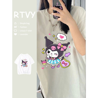 「RTVY」Áo thun Cotton ngắn tay nguyên chất mùa hè Oversize Kuromi in hình thường ngày dành cho nữ
