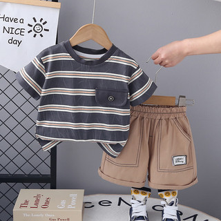 Mùa Hè Trẻ Em Bé Trai Sọc Bộ Quần Áo Trẻ Sơ Sinh Áo Thun Tay Ngắn + Quần Short 2 Bộ
