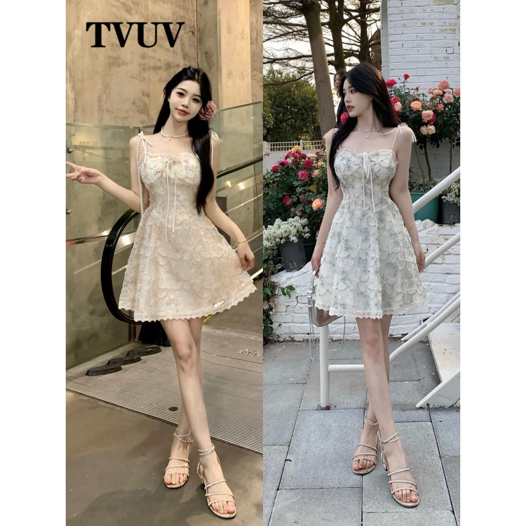 Tvuv Thời Trang Cổ Vuông Sling Đầm Ren Thêu Ba Chiều + Áo 6695