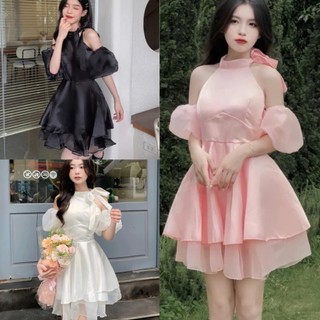 Váy Trễ Vai Cổ Yếm Nơ Tay Bồng Chất Tafta Phối Voan 2 Tầng đen Hồng Trắng, Đầm Dự Tiệc Công Chúa Dáng Xoè công chúa, SEE
