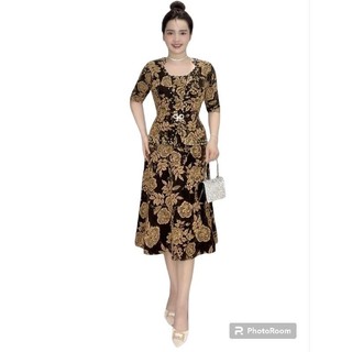 Đầm dự tiệc trung niên dáng vest giấu bụng vải kim tuyến nhũ kim sa co giãn bigsize, Váy trung niên cho mẹ dự tiệc