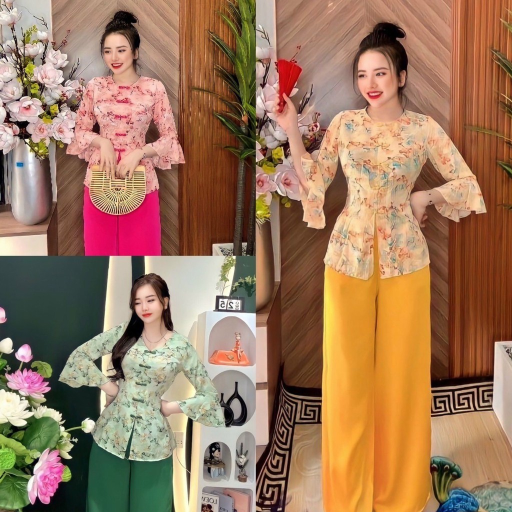 Set Đồ Bộ Bà Ba Áo Hoa Cổ Tròn Nút Bọc Tay Lỡ bèo Phối Quần Màu Ống Rộng Siêu Sang ,Hot , Đi Chơi , Đi ChùaCực Xinh