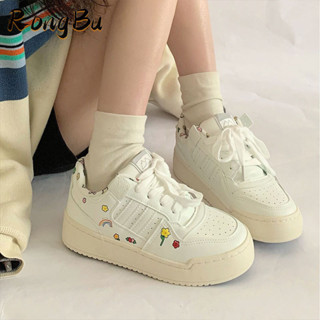 RongBu Giày trắng đế phẳng thời trang dành cho nữ, giày nữ hoa cầu vồng dành cho học sinh, giày thể thao thông thường cổ thấp