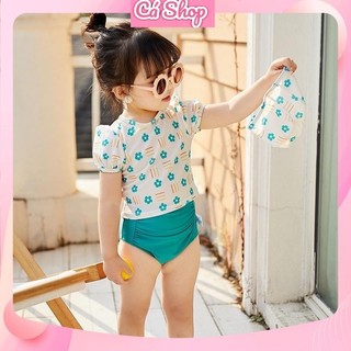 Bikini, đồ bơi kèm mũ hoa xanh cho bé gái