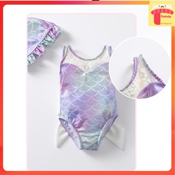 Đồ bơi cho bé 1-7 tuổi kèm mũ phối ren và đính nơ, Bộ bơi bé gái vải co giãn