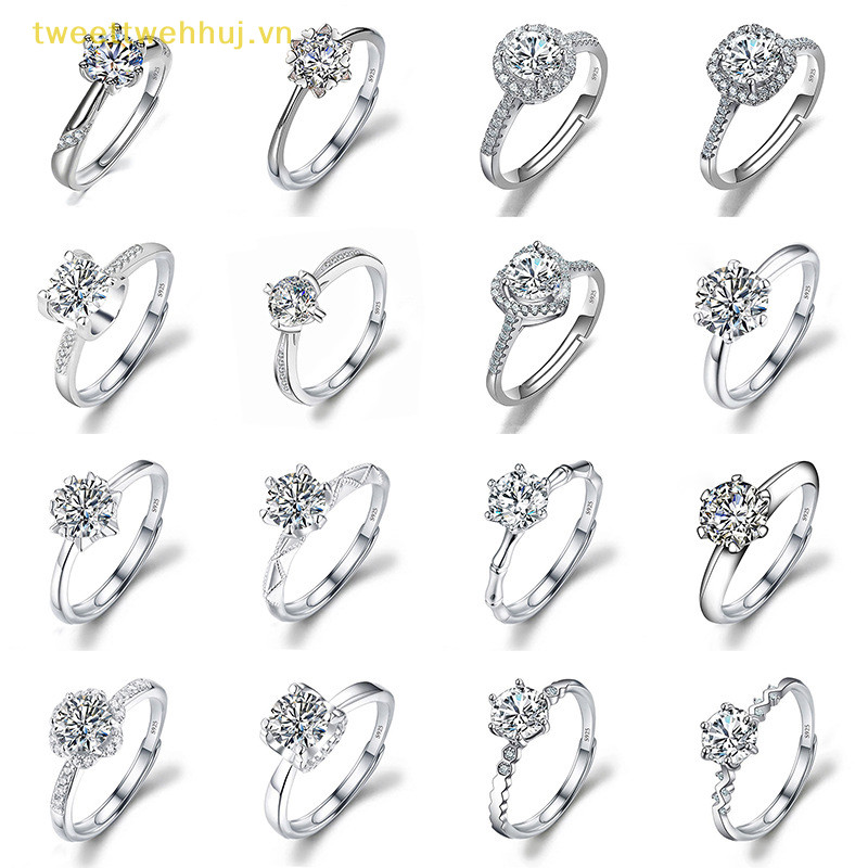 Tweeduj Moissanite Đính Hôn Ngón Tay Nhẫn Kẻ Sọc Kim Cương Mở Nhẫn Nữ Bạc 925 Hứa Cưới Nhẫn Có Thể Điều Chỉnh Trang Sức Mỹ VN