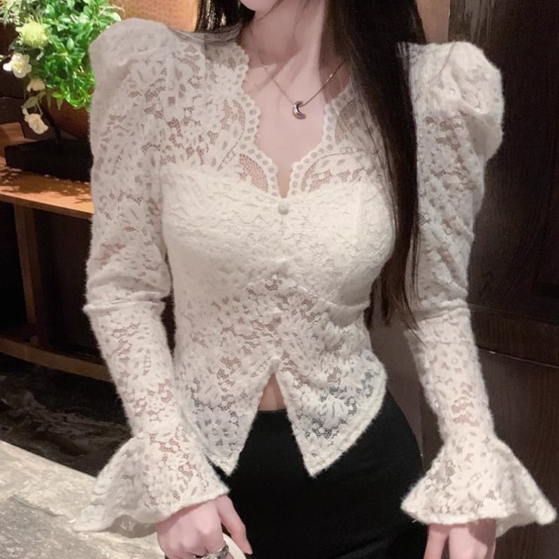 Áo Sơ Mi Dài Tay Ren Cổ Chữ V Nữ Phiên Bản Hàn Quốc Đơn Giản Mỏng Thanh Lịch Áo Sơ Mi Mới Plus Size Top