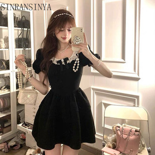 Sinransinya Váy cổ búp bê kiểu Pháp dành cho nữ, tay phồng nơ Hepburn cao cấp và váy eo