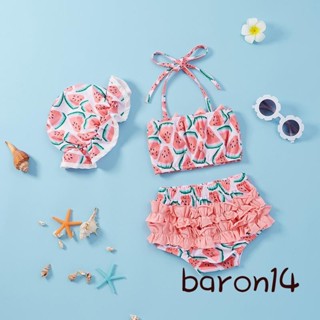 Bộ đồ bơi chia đôi cho bé gái Bikini không tay in hình dưa hấu có nút thắt nơ + quần short + mũ co giãn